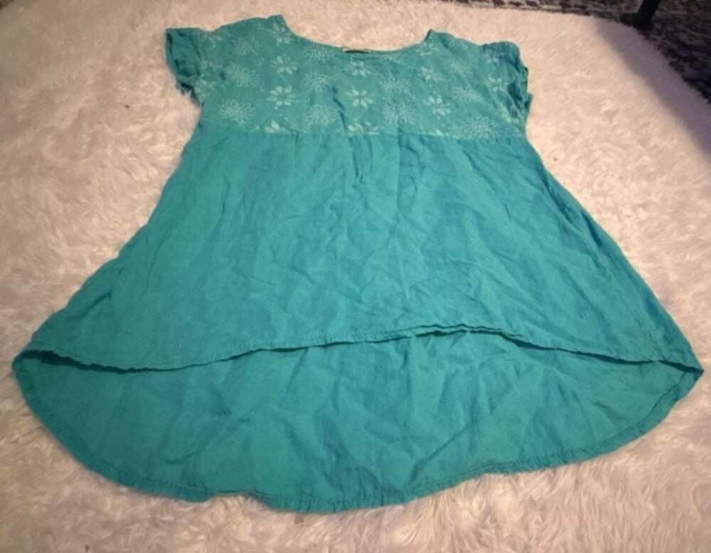 Terzo Millennio 100% Linen Teal Floral Embroidered Swing Tunic Top